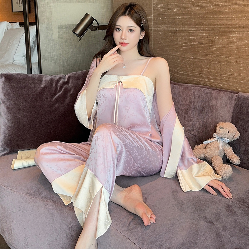 Women's Ice Silk Sling Nightgown Three-piece Set - Image 7